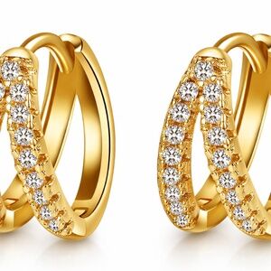 18K Gold Plated Huggie Hoop Earrings for Women, Cubic Zirconia Crystal Hoops